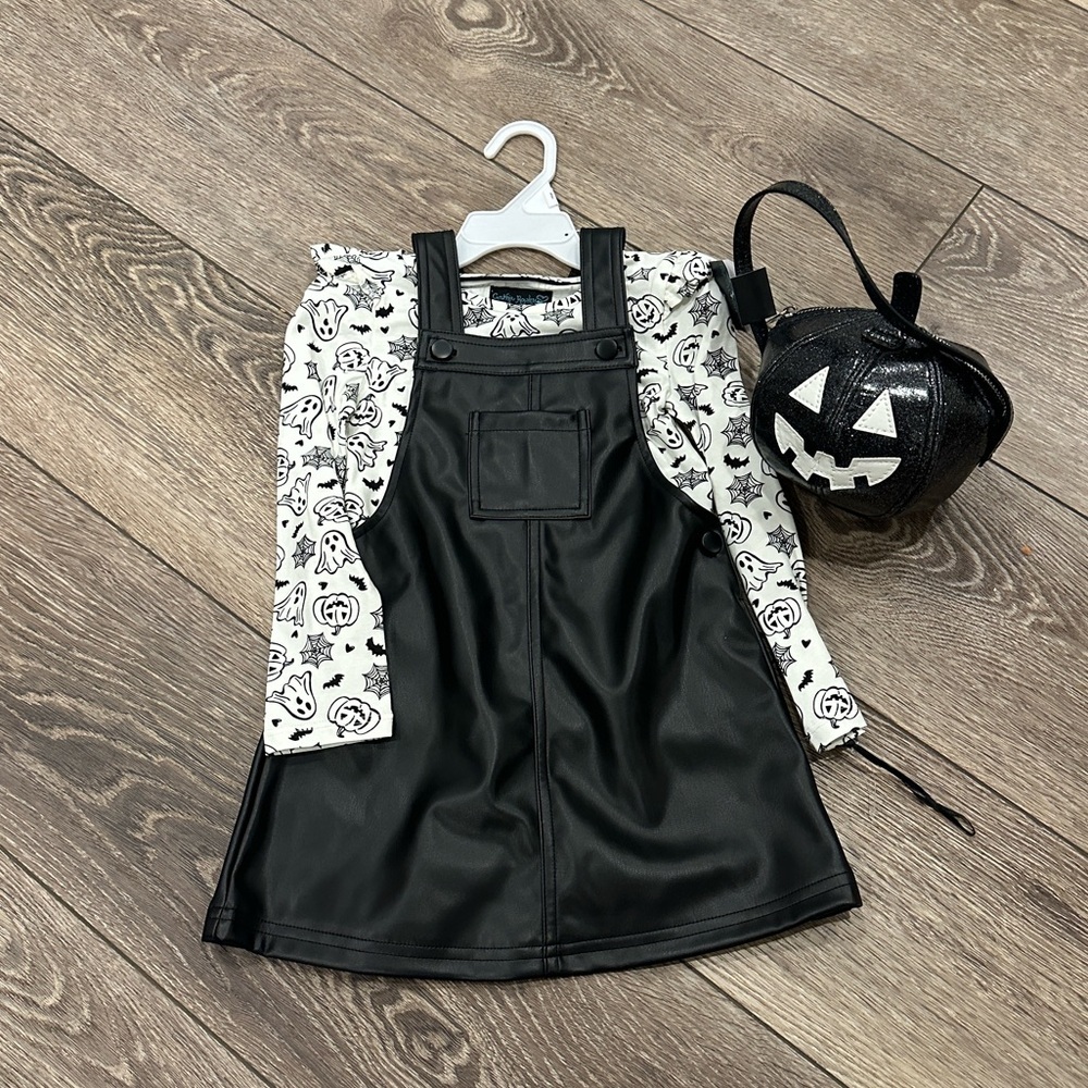 NEW Cynthia Rowley Black Faux Leather Jumper Dress White Top Pumpkin Purse 3T